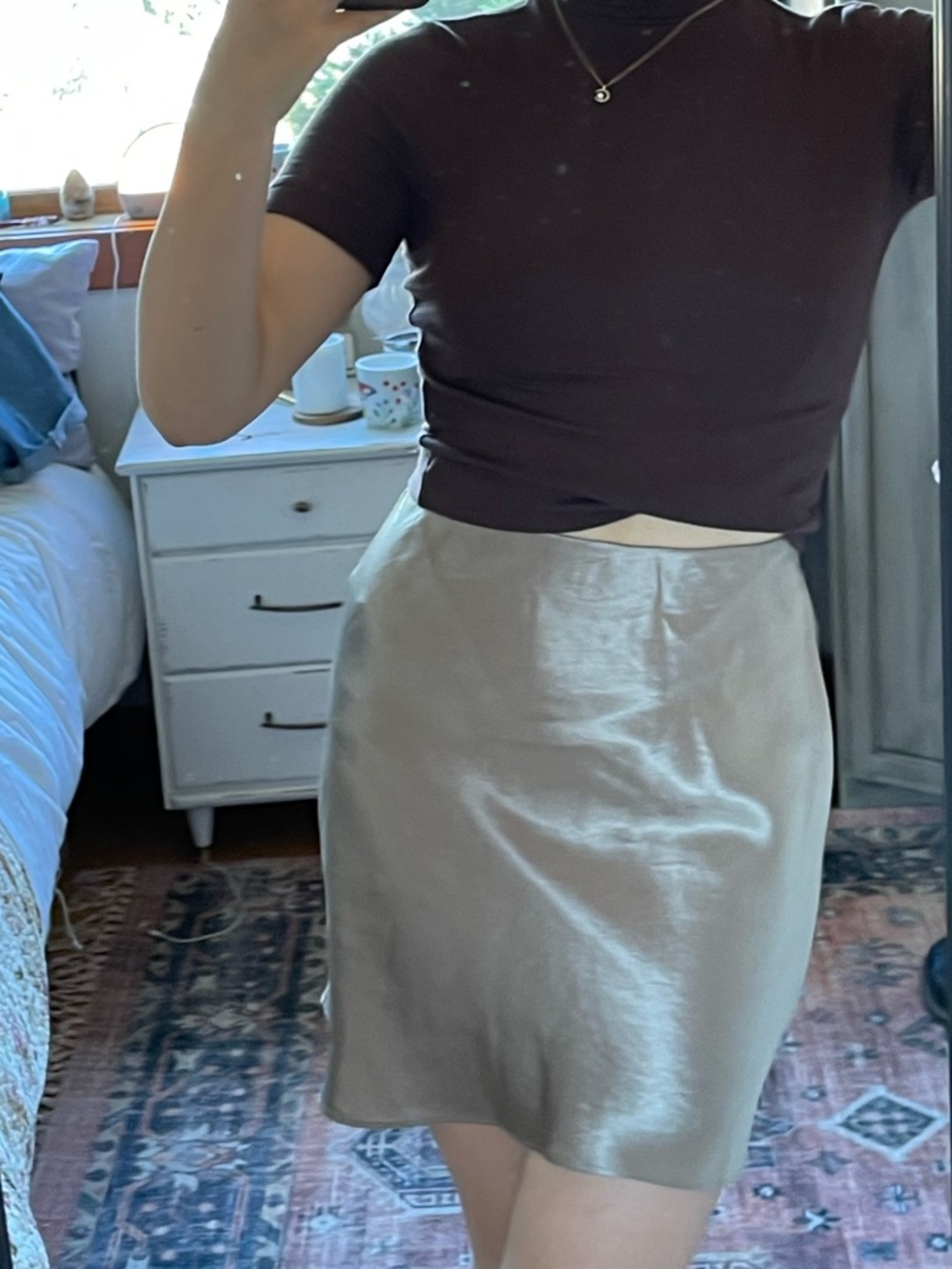 Aritzia Satin Mini Skirt in Light Gold-Taupe
